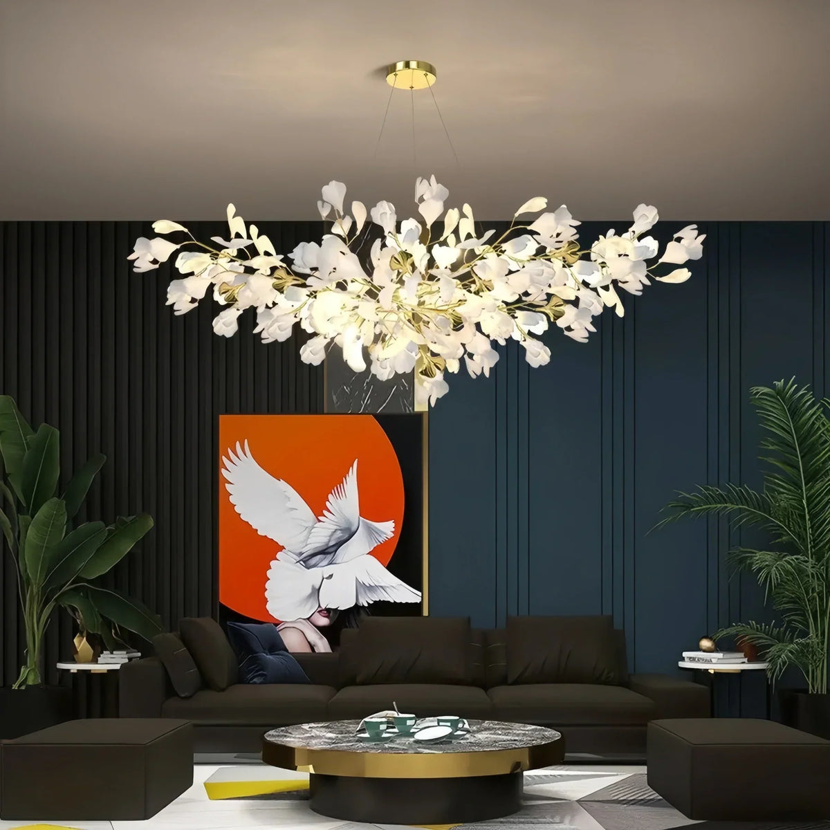 Ceramic Ginkgo Linear Branch Chandelier-All white leaves-L120CM (L47¼")-