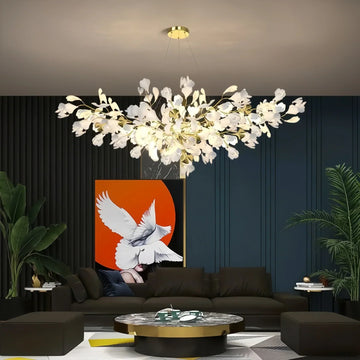 Ceramic Ginkgo Linear Branch Chandelier-All white leaves-L120CM (L47¼")-