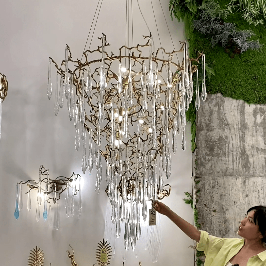 Chic Modern French Branch Copper Crystal Chandelier for Living Room Foyer and Dining Room Lighting - D31.5"*H42.2"Warm LightJoyfuzzy