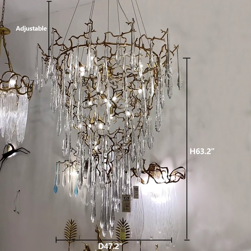 Chic Modern French Branch Copper Crystal Chandelier for Living Room Foyer and Dining Room Lighting - D31.5"*H42.2"Warm LightJoyfuzzy