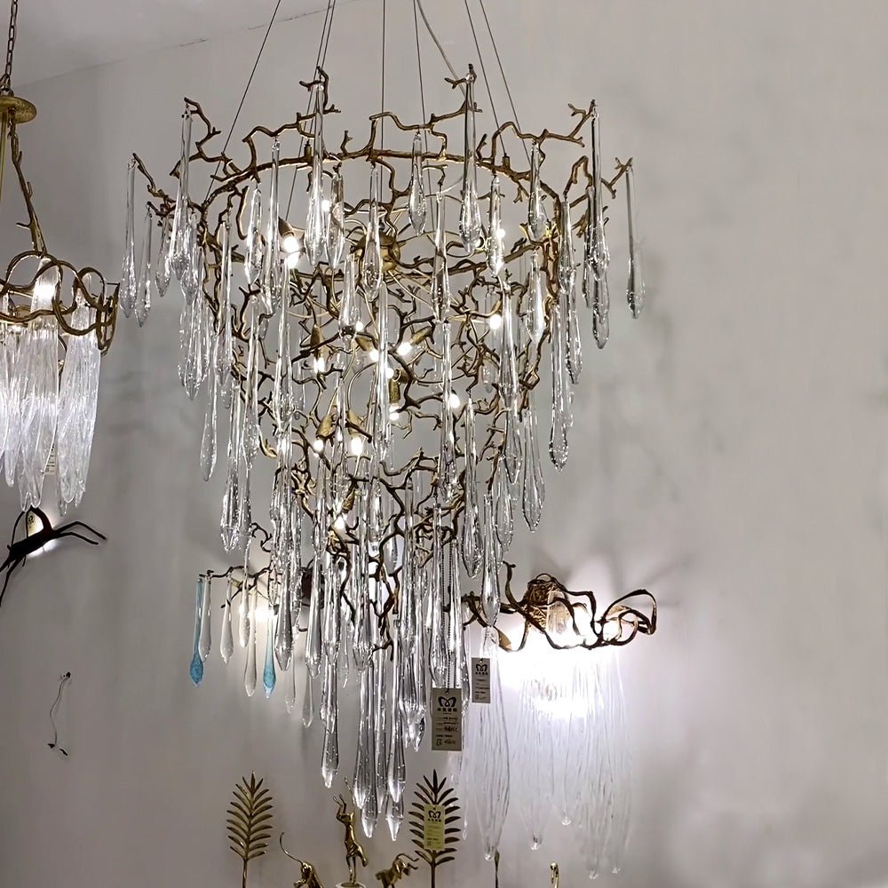 Chic Modern French Branch Copper Crystal Chandelier for Living Room Foyer and Dining Room Lighting - D31.5"*H42.2"Warm LightJoyfuzzy