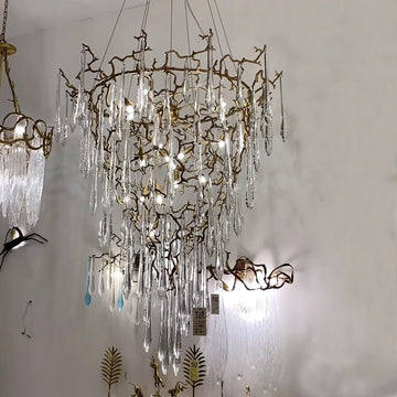 Chic Modern French Branch Copper Crystal Chandelier for Living Room Foyer and Dining Room Lighting - D31.5"*H42.2"Warm LightJoyfuzzy