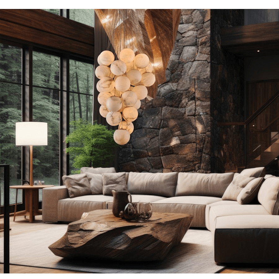 Cluster Alabaster Globe Chandelier - ∅ 39.4″ x H 118.1″Gold & WhiteJoyfuzzy