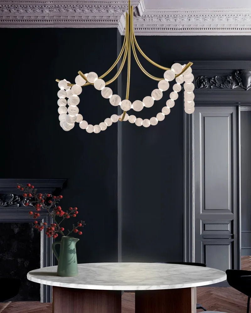 Cluster String Alabaster Beads Semi Flush Chandelier in Brass & Black Metal Rod - D117*H92CM/D46"*H36"Warm Light (3000K)BrassJoyfuzzy
