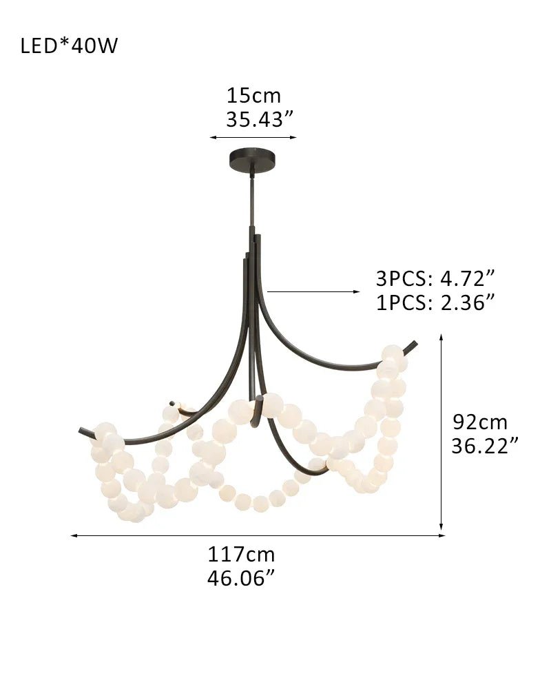 Cluster String Alabaster Beads Semi Flush Chandelier in Brass & Black Metal Rod - D117*H92CM/D46"*H36"Warm Light (3000K)BrassJoyfuzzy