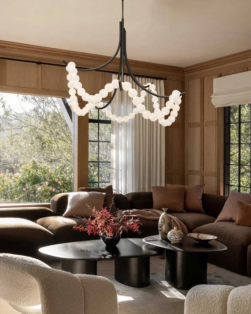 Cluster String Alabaster Beads Semi Flush Chandelier in Brass & Black Metal Rod - D117*H92CM/D46"*H36"Warm Light (3000K)BrassJoyfuzzy
