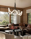 Cluster String Alabaster Beads Semi Flush Chandelier in Brass & Black Metal Rod - D117*H92CM/D46