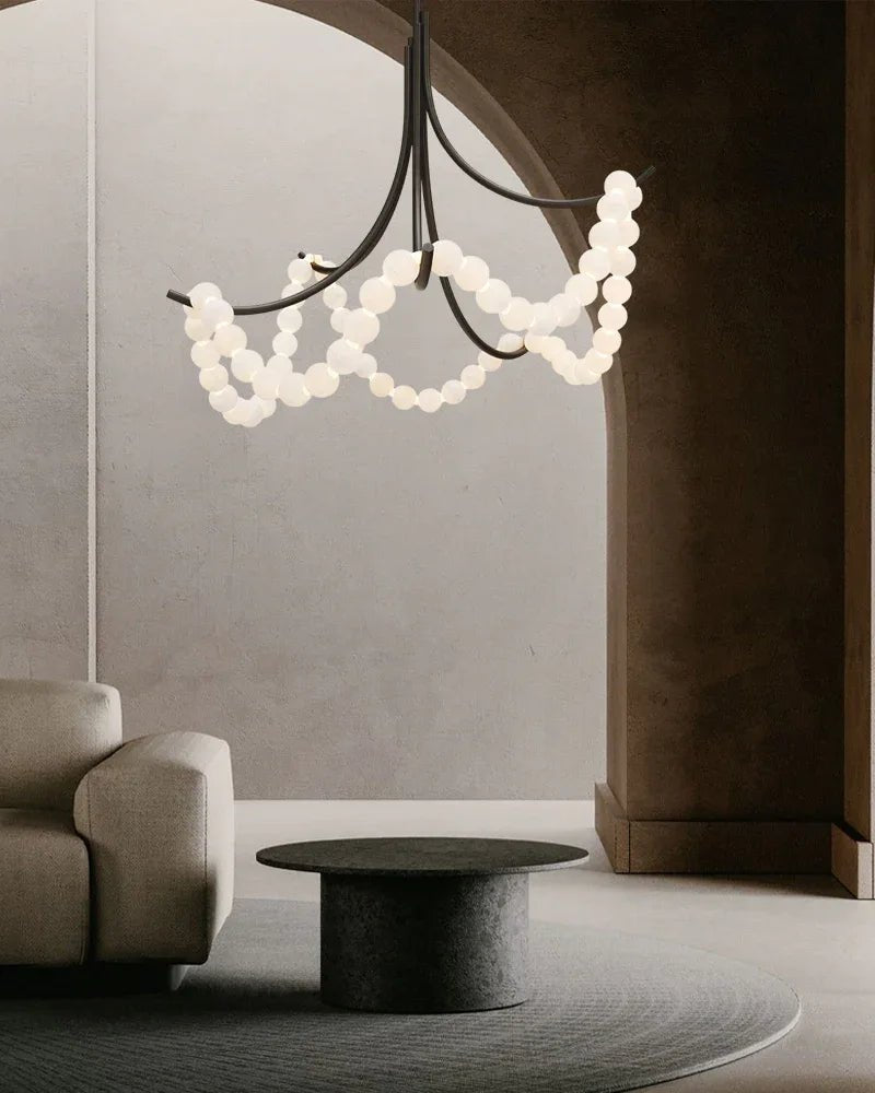 Cluster String Alabaster Beads Semi Flush Chandelier in Brass & Black Metal Rod - D117*H92CM/D46"*H36"Warm Light (3000K)BlackJoyfuzzy