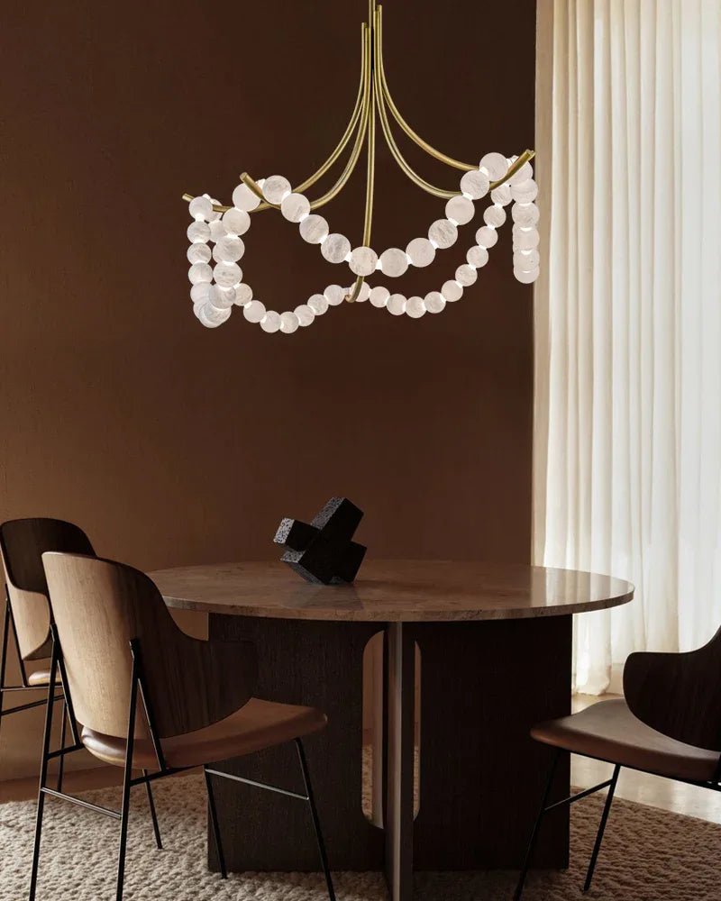 Cluster String Alabaster Beads Semi Flush Chandelier in Brass & Black Metal Rod - D117*H92CM/D46"*H36"Warm Light (3000K)BrassJoyfuzzy