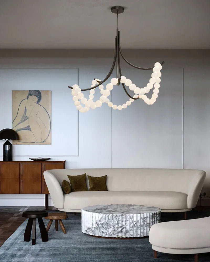 Cluster String Alabaster Beads Semi Flush Chandelier in Brass & Black Metal Rod - D117*H92CM/D46"*H36"Warm Light (3000K)BrassJoyfuzzy
