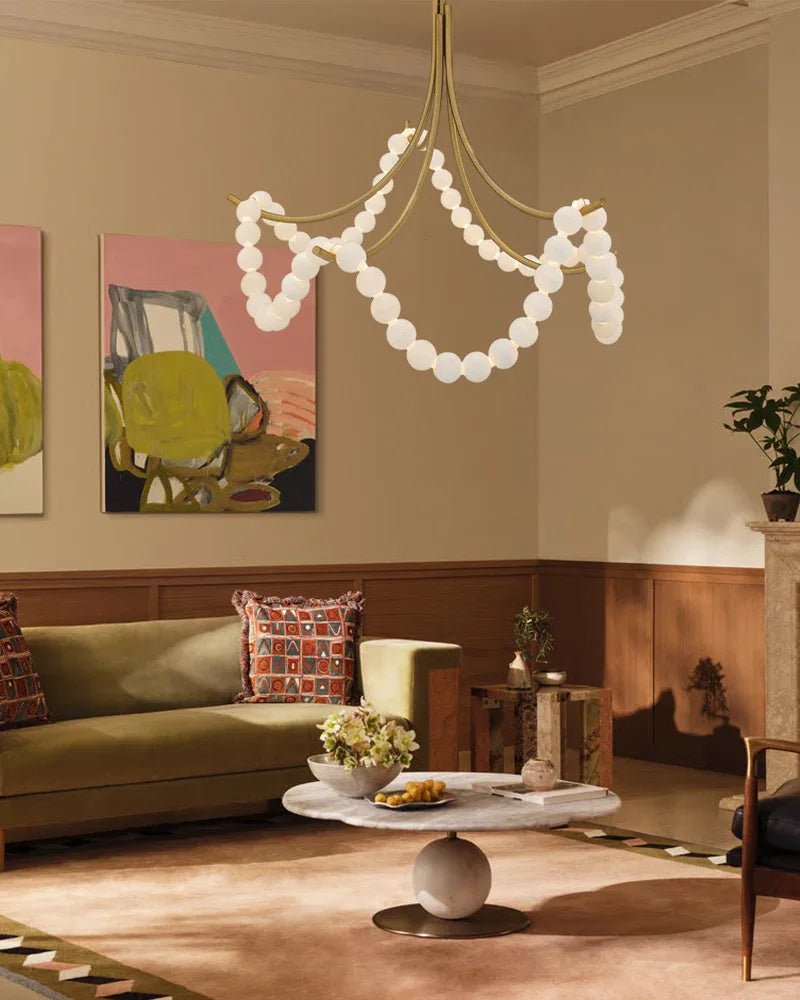 Cluster String Alabaster Beads Semi Flush Chandelier in Brass & Black Metal Rod - D117*H92CM/D46"*H36"Warm Light (3000K)BrassJoyfuzzy