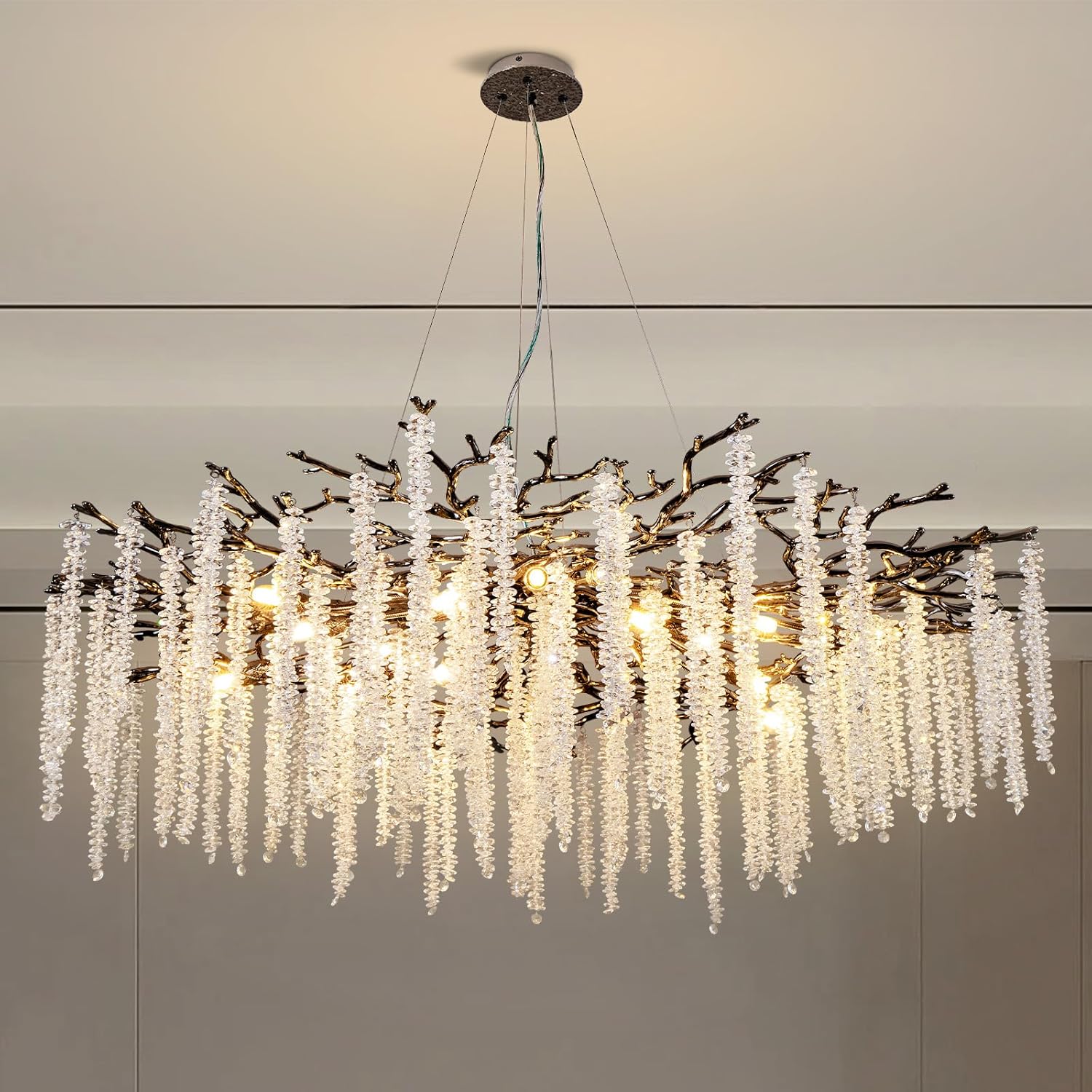 Crystal Chandelier for Dining Room – Modern Black Round Tree Branch Design - Joyfuzzy