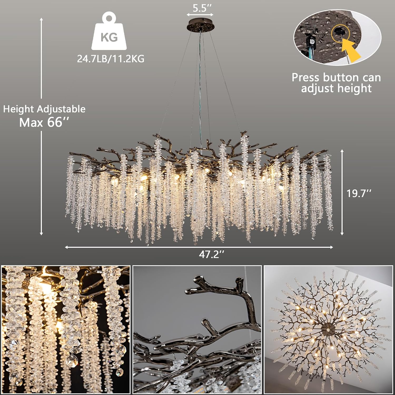 Crystal Chandelier for Dining Room – Modern Black Round Tree Branch Design - Joyfuzzy