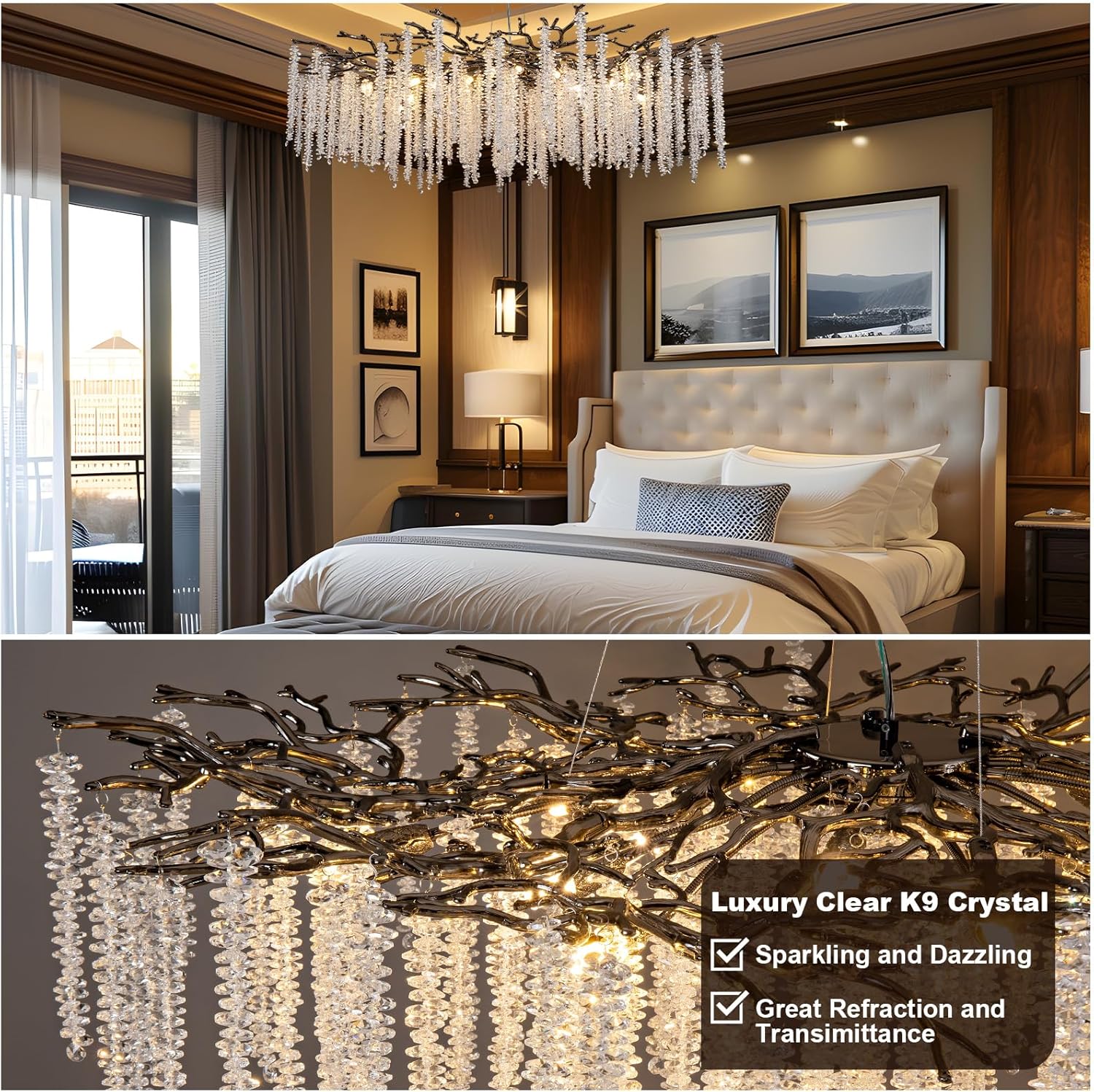 Crystal Chandelier for Dining Room – Modern Black Round Tree Branch Design - Joyfuzzy