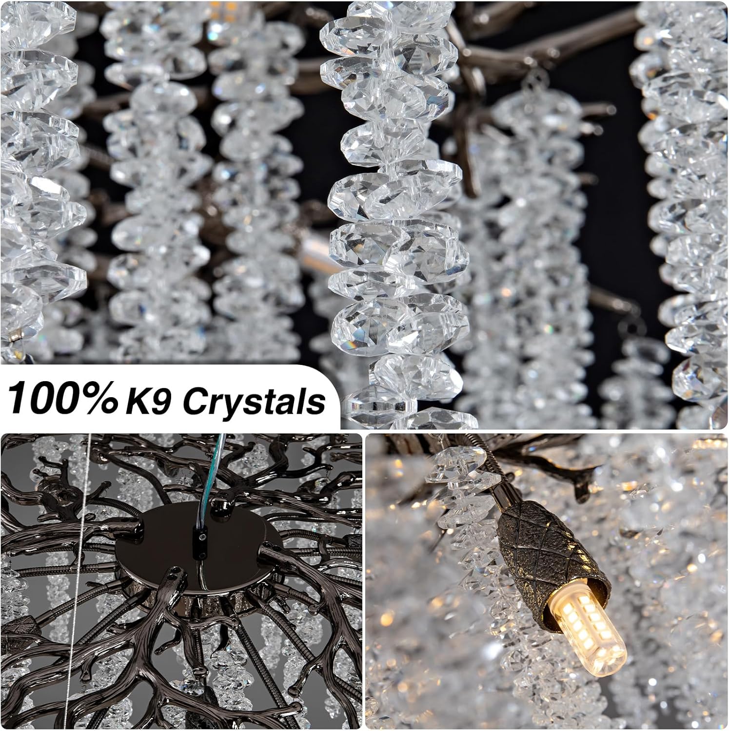 Crystal Chandelier for Dining Room – Modern Black Round Tree Branch Design - Joyfuzzy