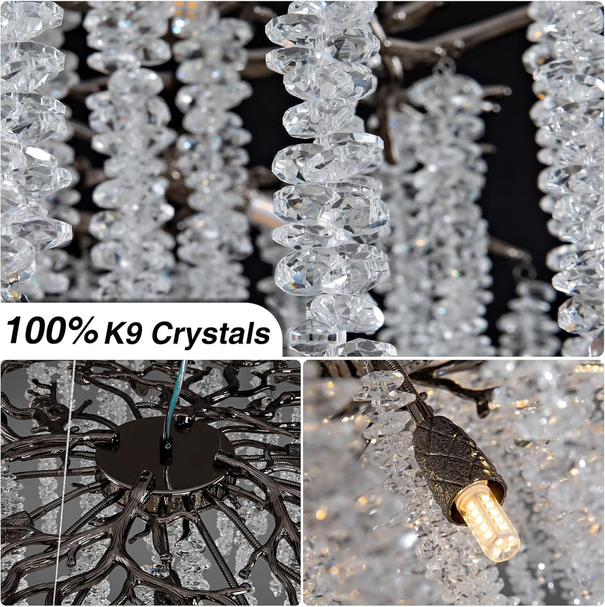 Crystal Chandelier for Dining Room – Modern Black Round Tree Branch Design - Joyfuzzy