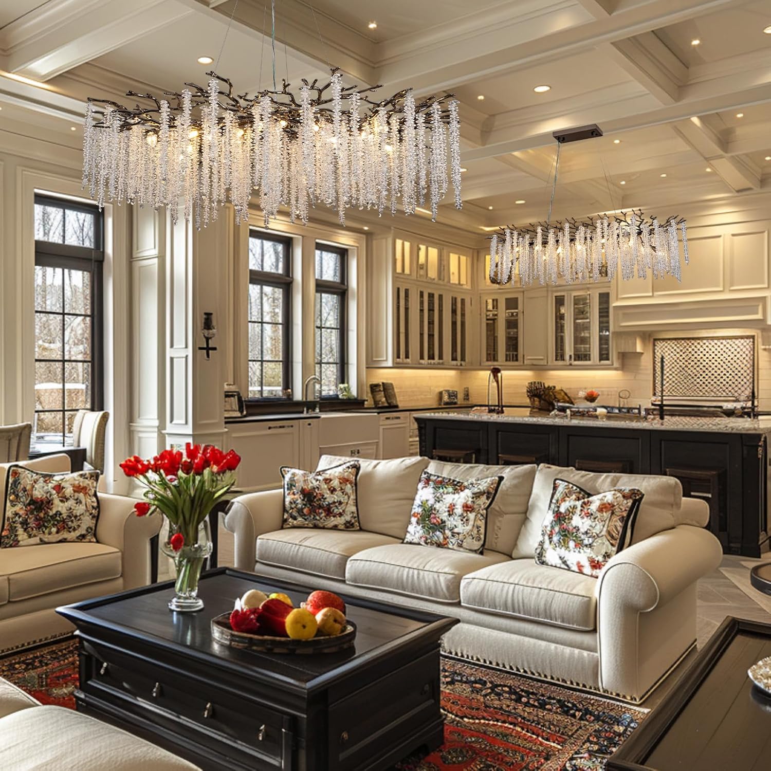 Crystal Chandelier for Dining Room – Modern Black Round Tree Branch Design - Joyfuzzy