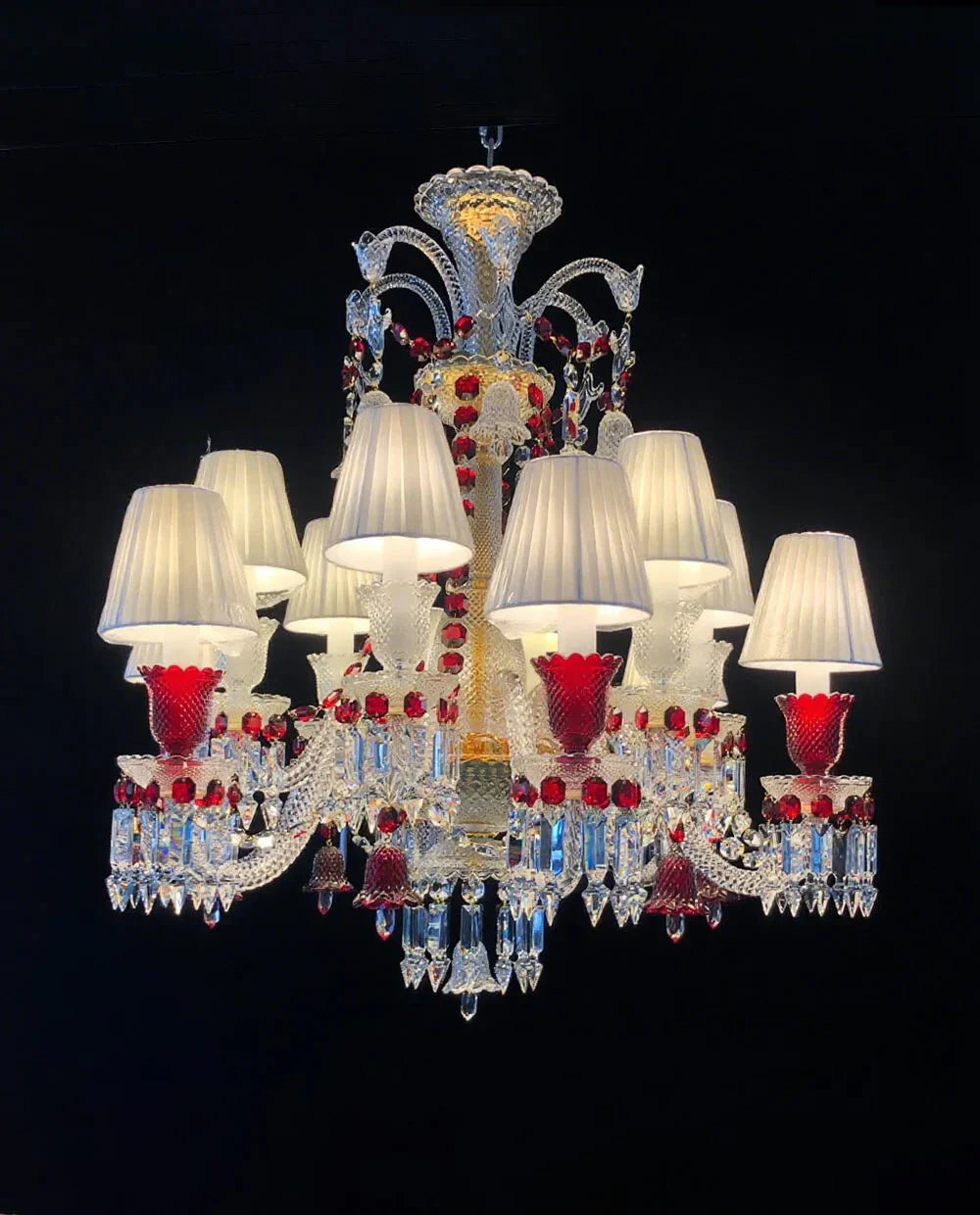Custom Made Lustre 12 Lights Clear & Red Crystal Chandelier in Gold - Joyfuzzy