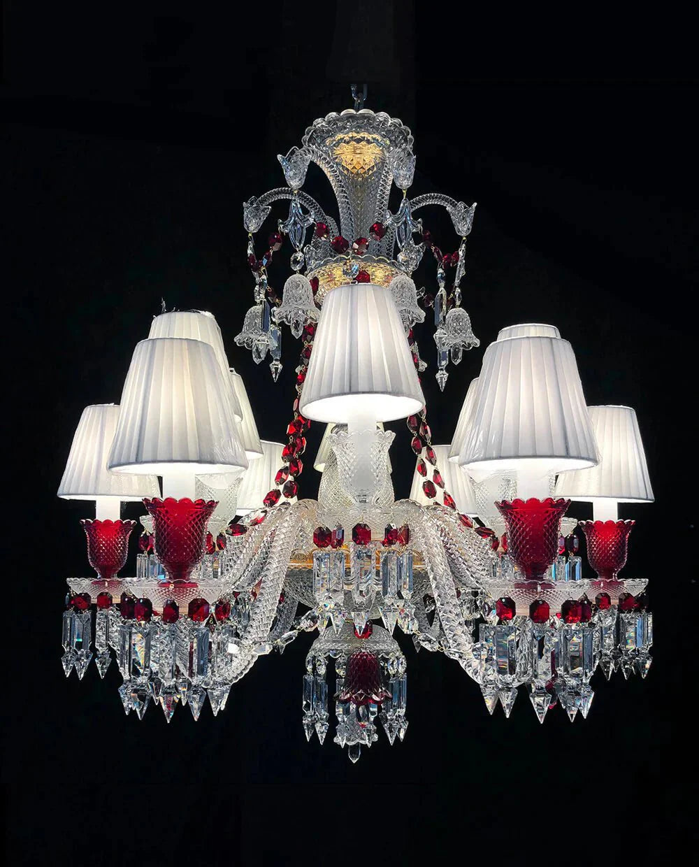 Custom Made Lustre 12 Lights Clear & Red Crystal Chandelier in Gold - Joyfuzzy