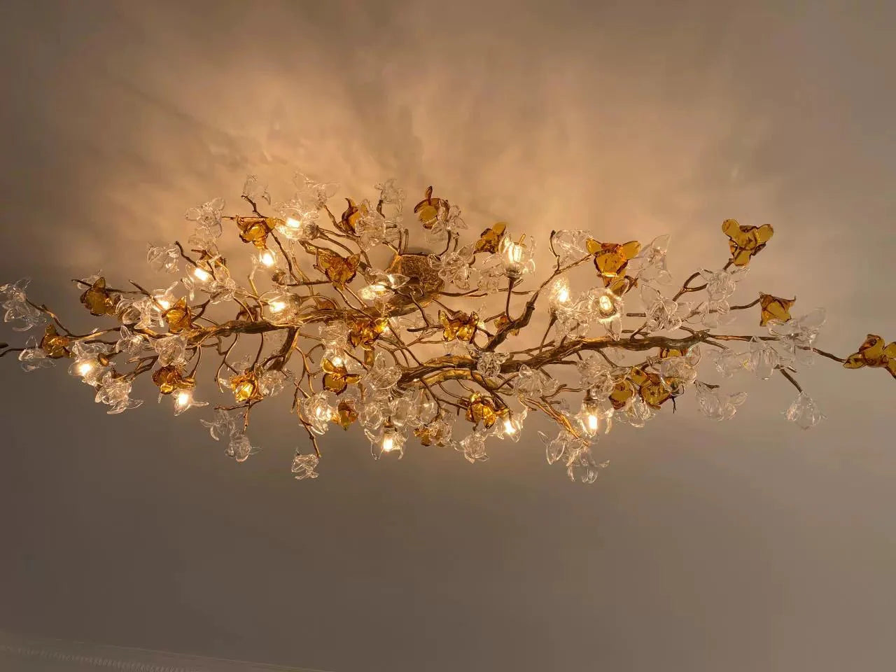 Designer Favorite Brass Branch Chandelier with Artistic Flower Glass for Dining Room Living Room and Kitchen Island - Round/12 Lights/D23.6"*H15.7"Warm LightJoyfuzzy