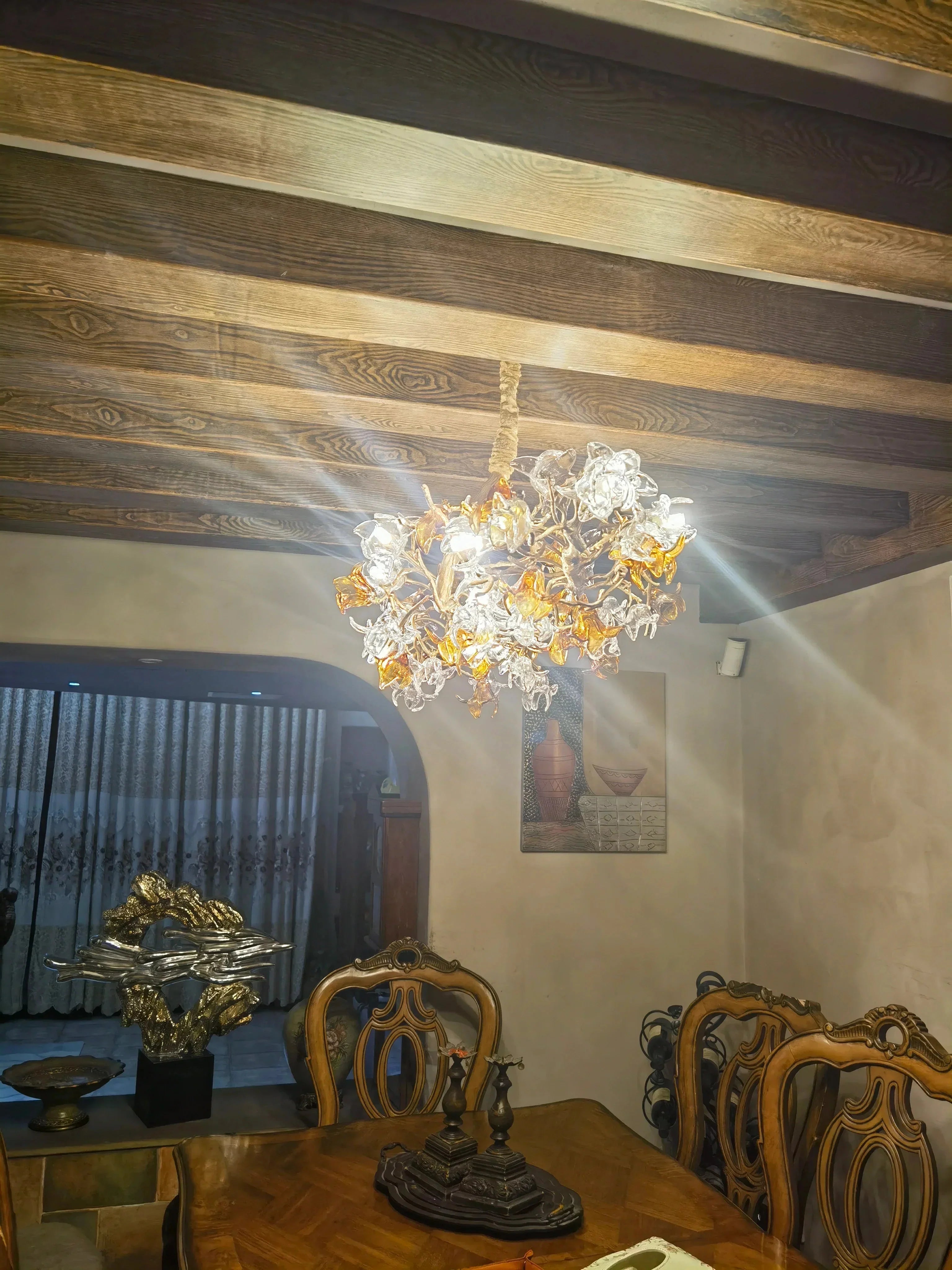 Designer Favorite Brass Branch Chandelier with Artistic Flower Glass for Dining Room Living Room and Kitchen Island - Round/12 Lights/D23.6"*H15.7"Warm LightJoyfuzzy