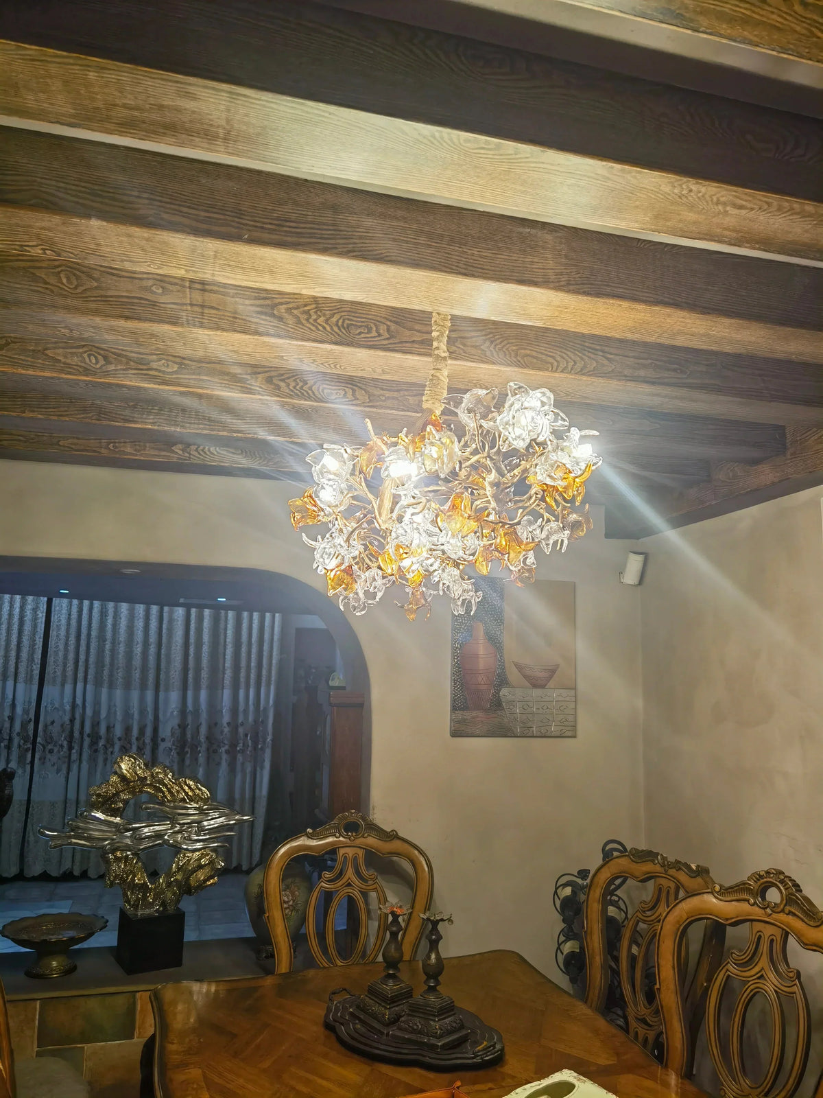 Designer Favorite Brass Branch Chandelier with Artistic Flower Glass for Dining Room Living Room and Kitchen Island - Round/12 Lights/D23.6"*H15.7"Warm LightJoyfuzzy