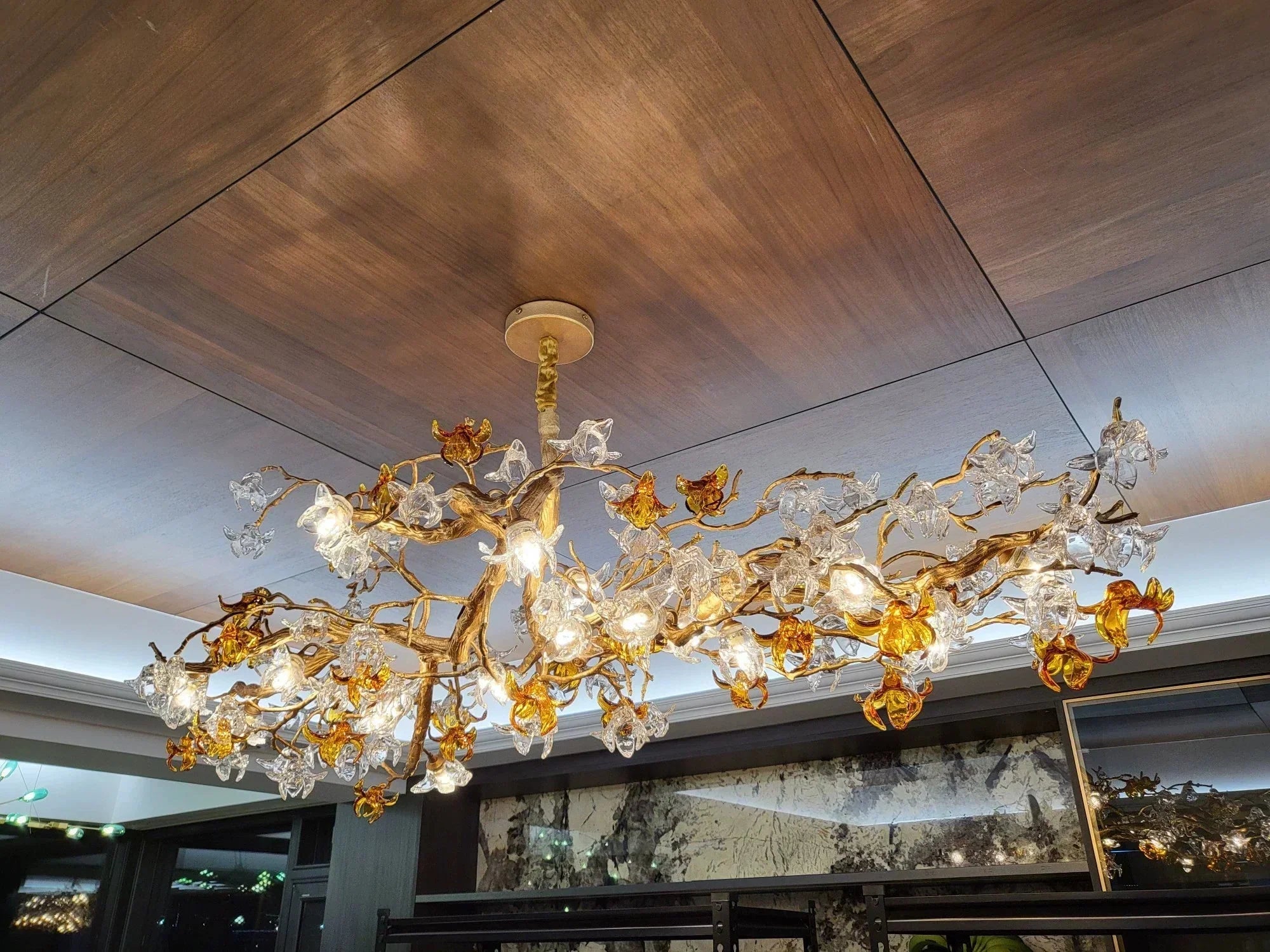 Designer Favorite Brass Branch Chandelier with Artistic Flower Glass for Dining Room Living Room and Kitchen Island - Round/12 Lights/D23.6"*H15.7"Warm LightJoyfuzzy