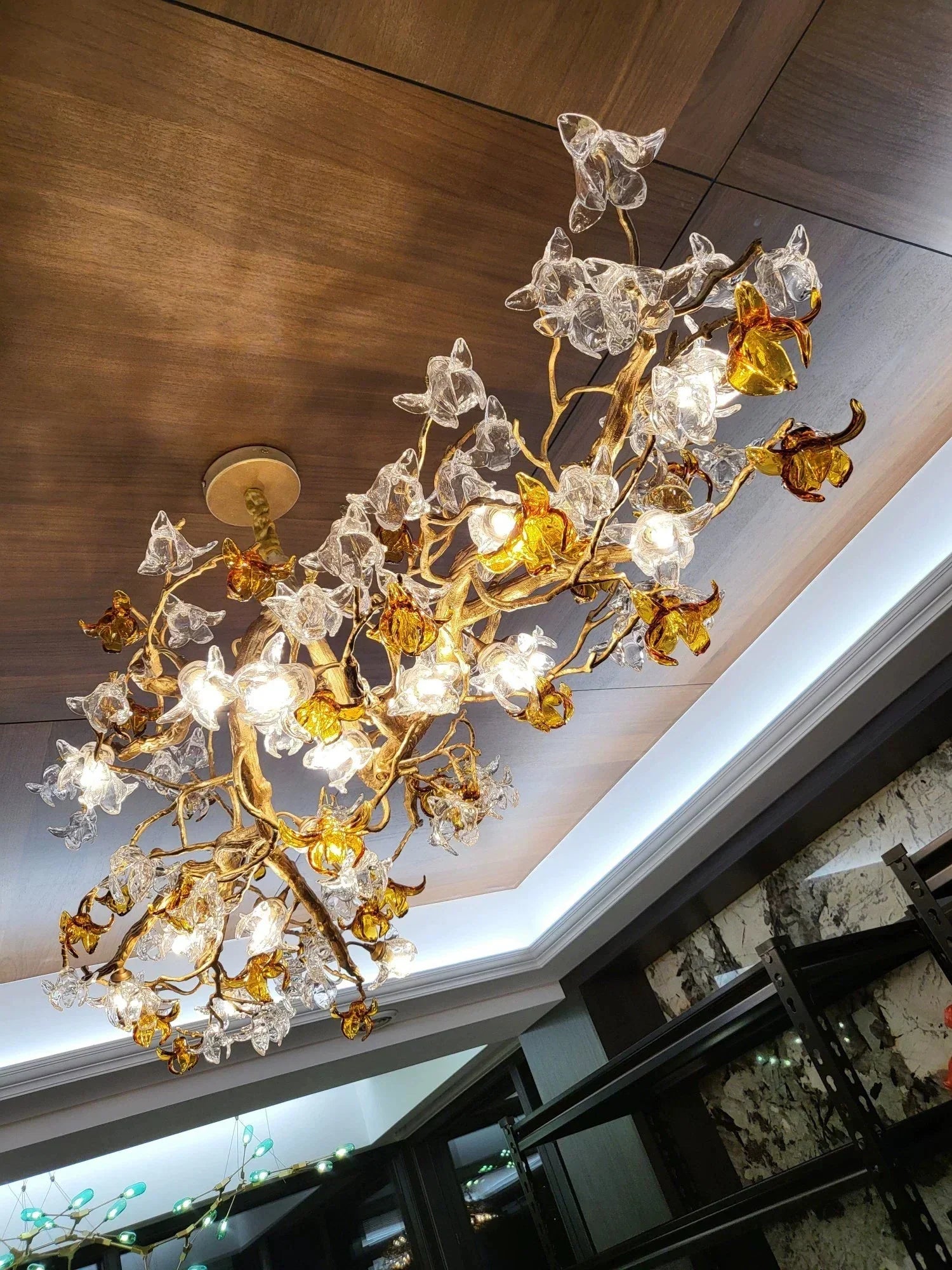 Designer Favorite Brass Branch Chandelier with Artistic Flower Glass for Dining Room Living Room and Kitchen Island - Round/12 Lights/D23.6"*H15.7"Warm LightJoyfuzzy