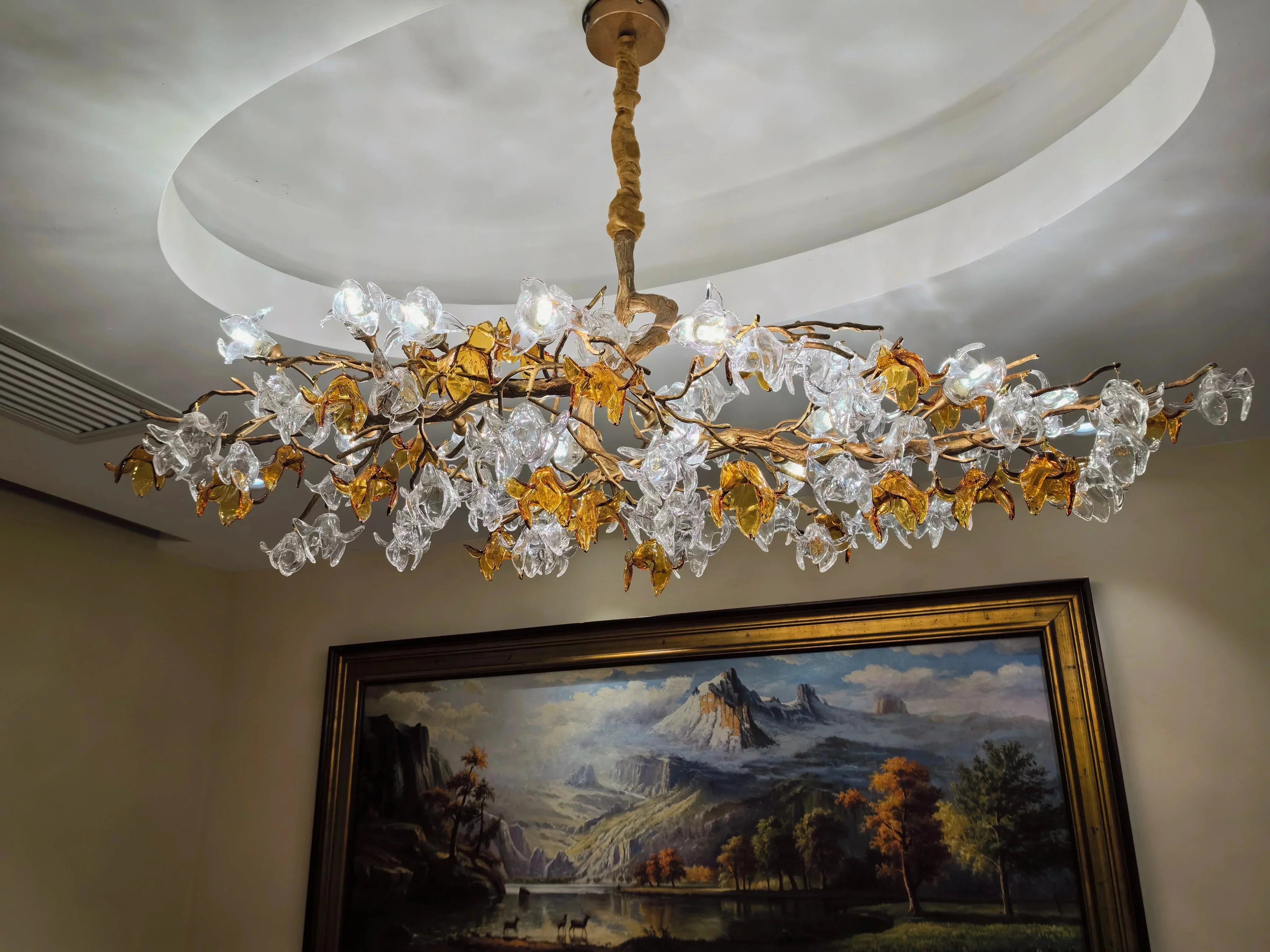 Designer Favorite Brass Branch Chandelier with Artistic Flower Glass for Dining Room Living Room and Kitchen Island - Round/12 Lights/D23.6"*H15.7"Warm LightJoyfuzzy