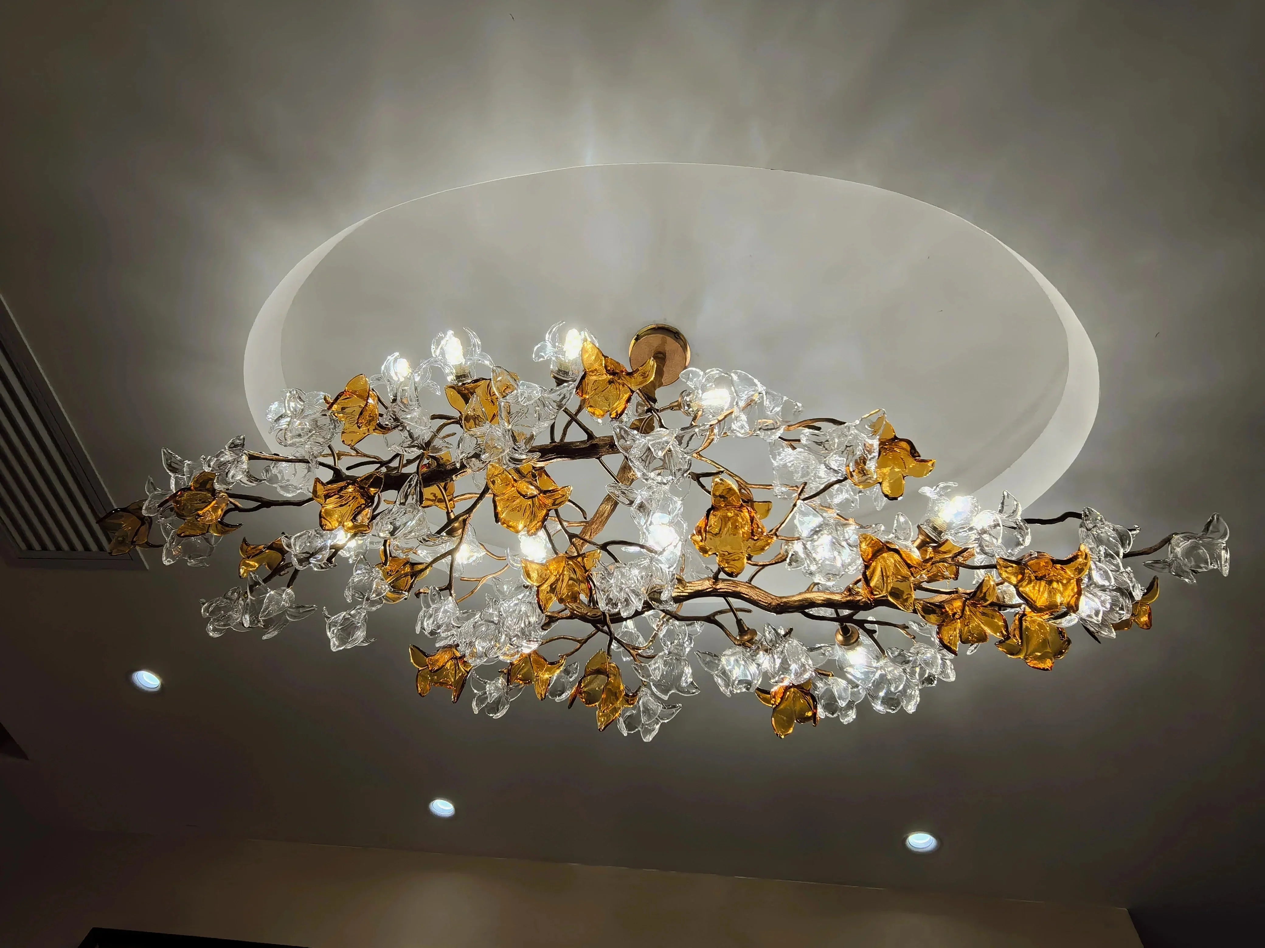 Designer Favorite Brass Branch Chandelier with Artistic Flower Glass for Dining Room Living Room and Kitchen Island - Round/12 Lights/D23.6"*H15.7"Warm LightJoyfuzzy