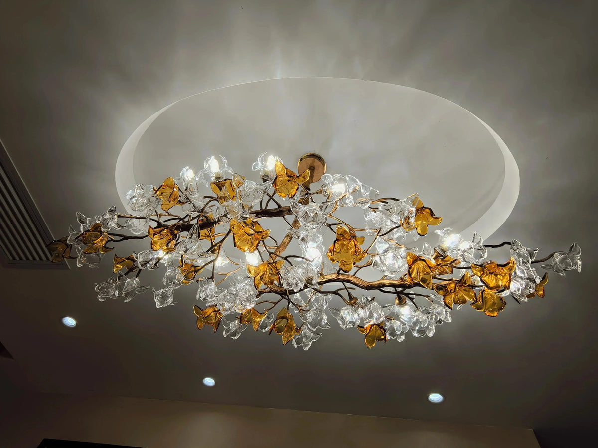 Designer Favorite Brass Branch Chandelier with Artistic Flower Glass for Dining Room Living Room and Kitchen Island - Round/12 Lights/D23.6"*H15.7"Warm LightJoyfuzzy