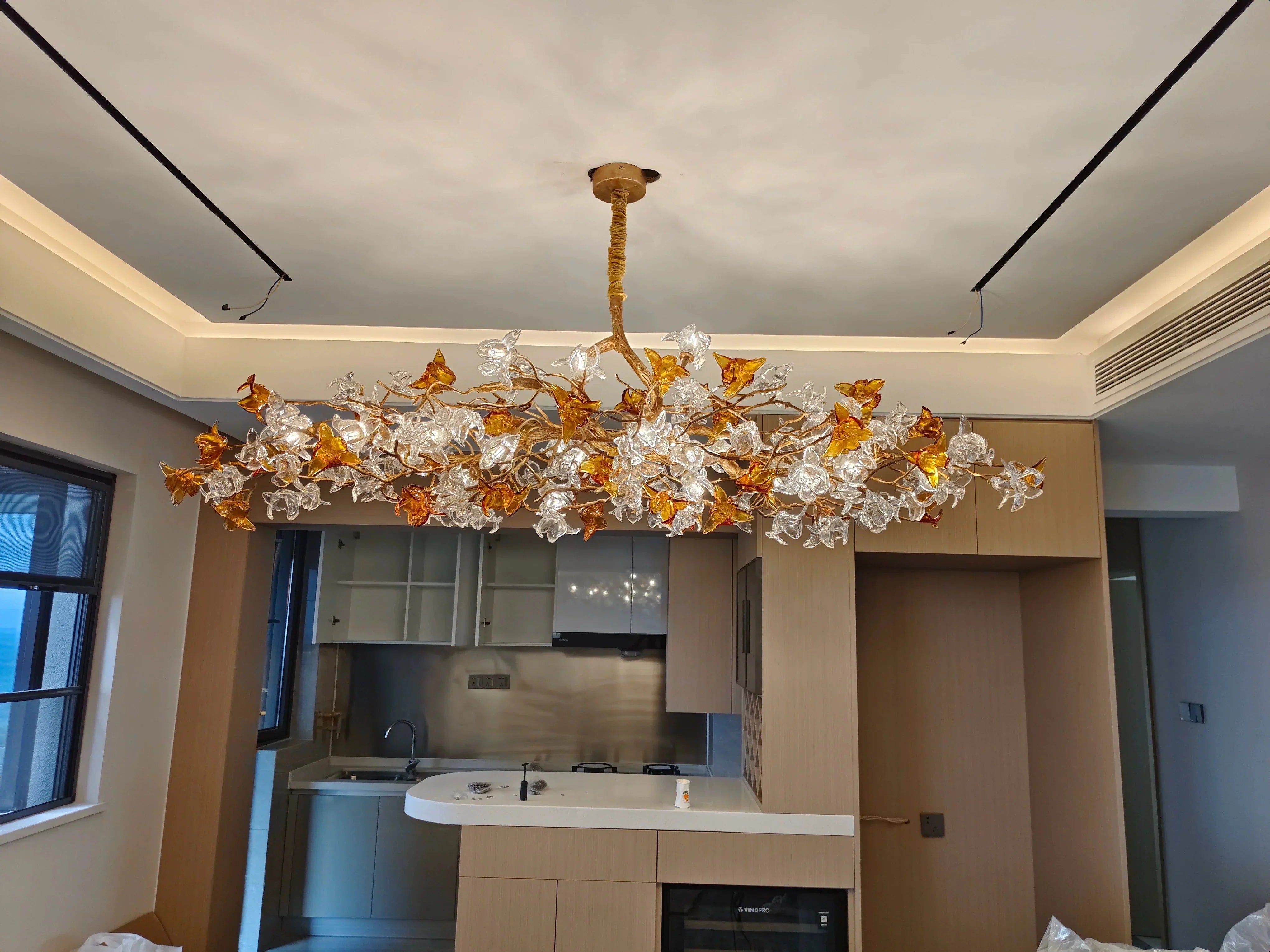 Designer Favorite Brass Branch Chandelier with Artistic Flower Glass for Dining Room Living Room and Kitchen Island - Round/12 Lights/D23.6"*H15.7"Warm LightJoyfuzzy