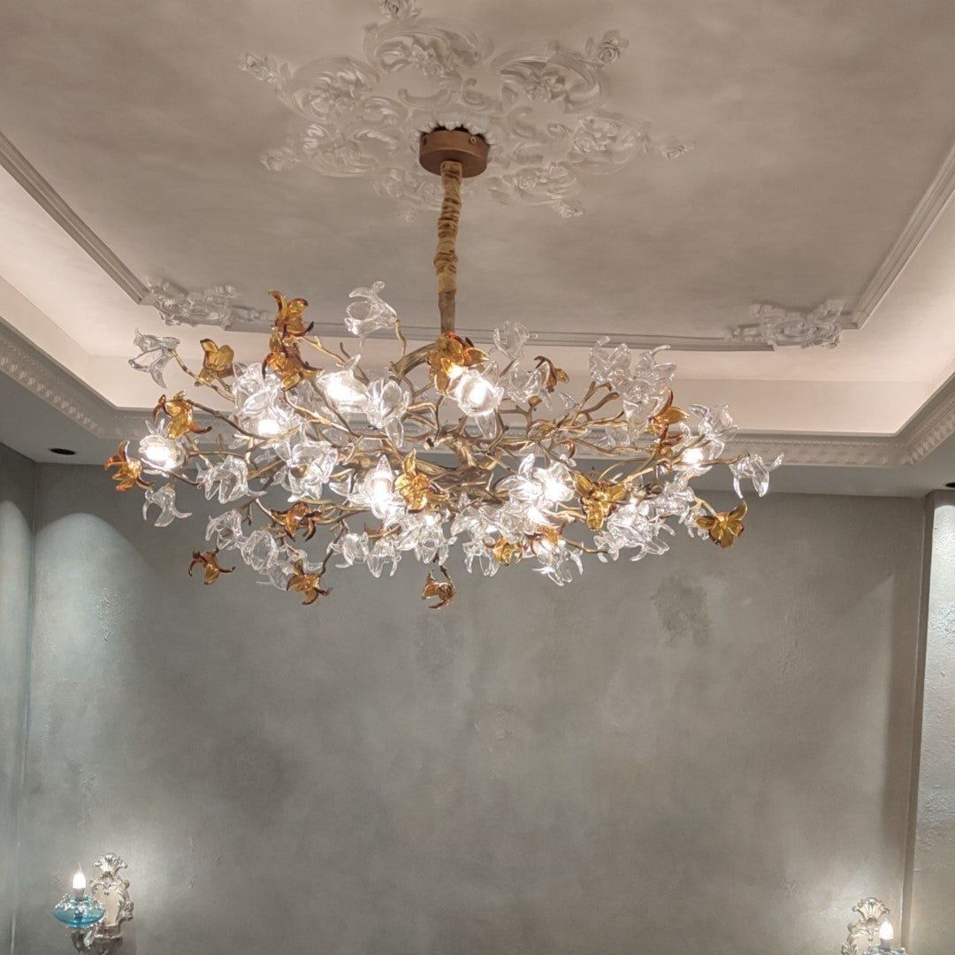 Designer Favorite Brass Branch Chandelier with Artistic Flower Glass for Dining Room Living Room and Kitchen Island - Round/12 Lights/D23.6"*H15.7"Warm LightJoyfuzzy