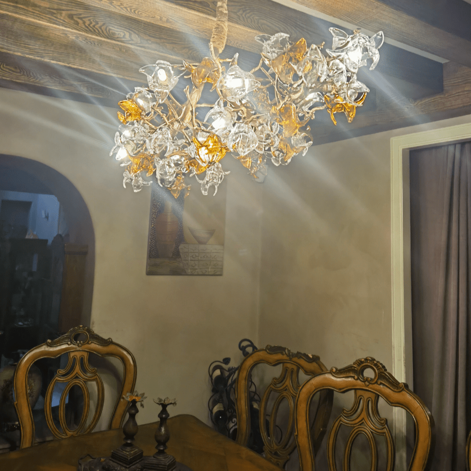 Designer Favorite Brass Branch Chandelier with Artistic Flower Glass for Dining Room Living Room and Kitchen Island - Round/12 Lights/D23.6"*H15.7"Warm LightJoyfuzzy