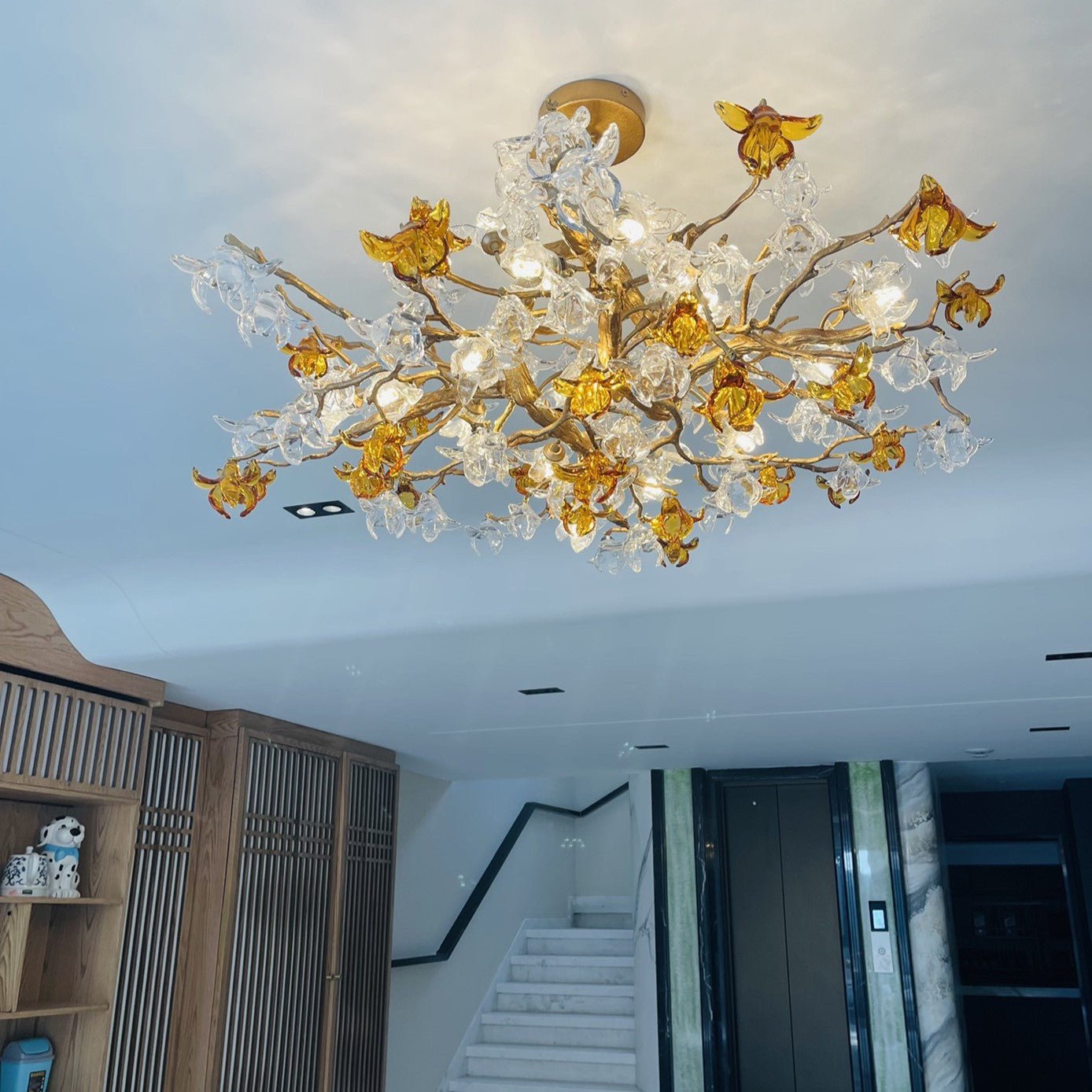 Designer Favorite Brass Branch Chandelier with Artistic Flower Glass for Dining Room Living Room and Kitchen Island - Round/12 Lights/D23.6"*H15.7"Warm LightJoyfuzzy