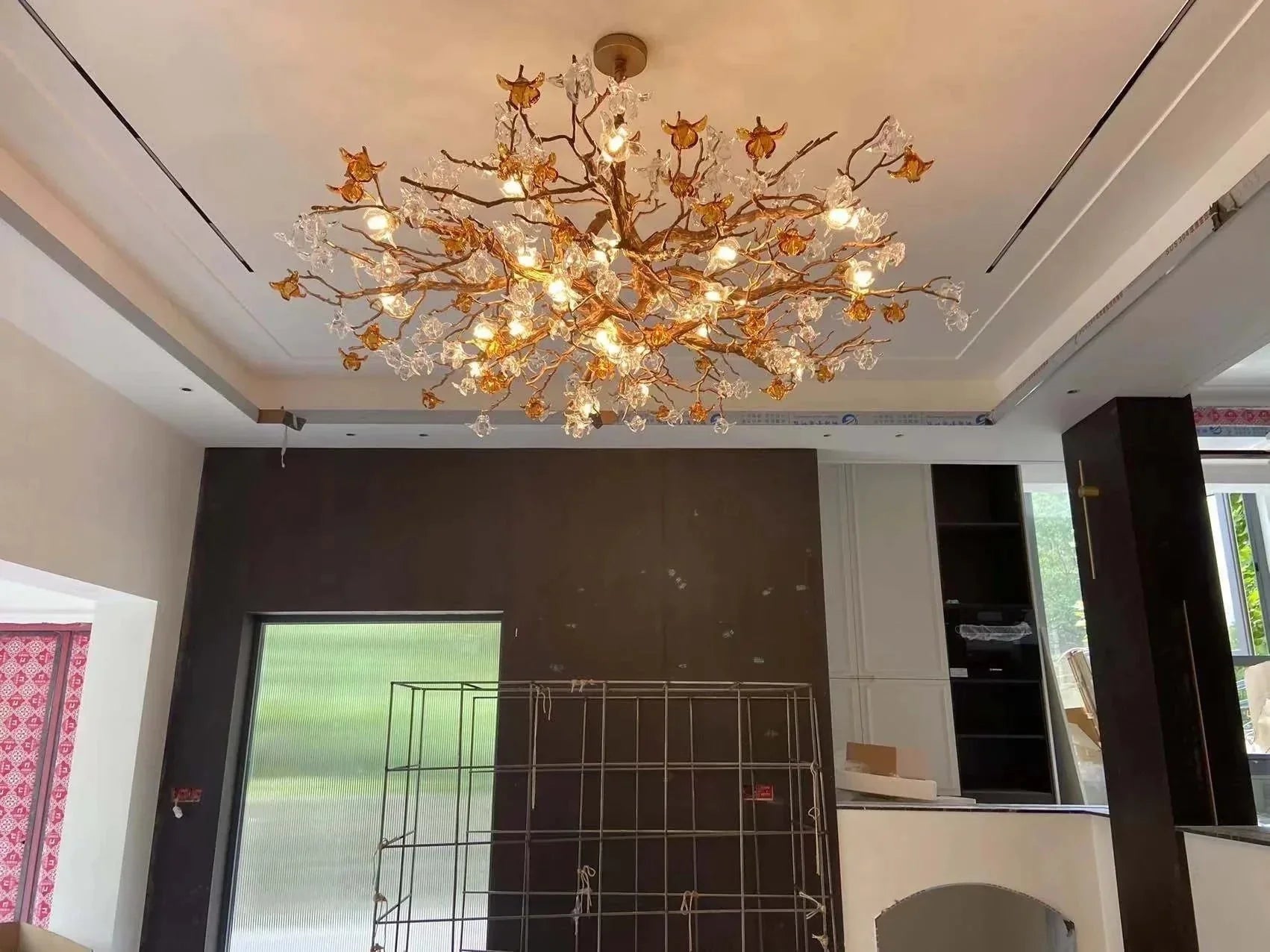 Designer Favorite Brass Branch Chandelier with Artistic Flower Glass for Dining Room Living Room and Kitchen Island - Round/12 Lights/D23.6"*H15.7"Warm LightJoyfuzzy