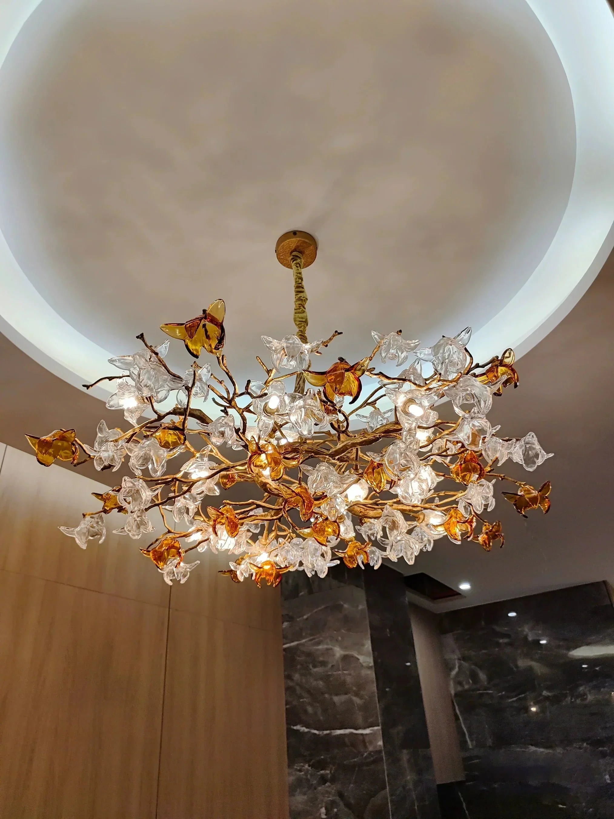 Designer Favorite Brass Branch Chandelier with Artistic Flower Glass for Dining Room Living Room and Kitchen Island - Round/12 Lights/D23.6"*H15.7"Warm LightJoyfuzzy