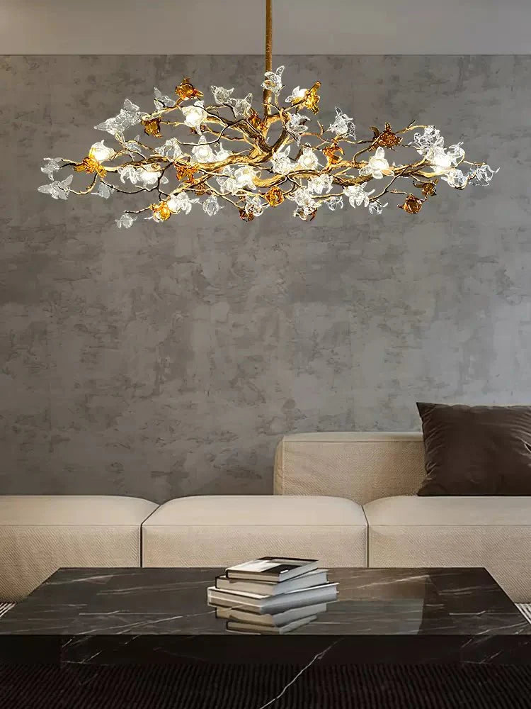 Designer Favorite Brass Branch Chandelier with Artistic Flower Glass for Dining Room Living Room and Kitchen Island - Round/12 Lights/D23.6"*H15.7"Warm LightJoyfuzzy
