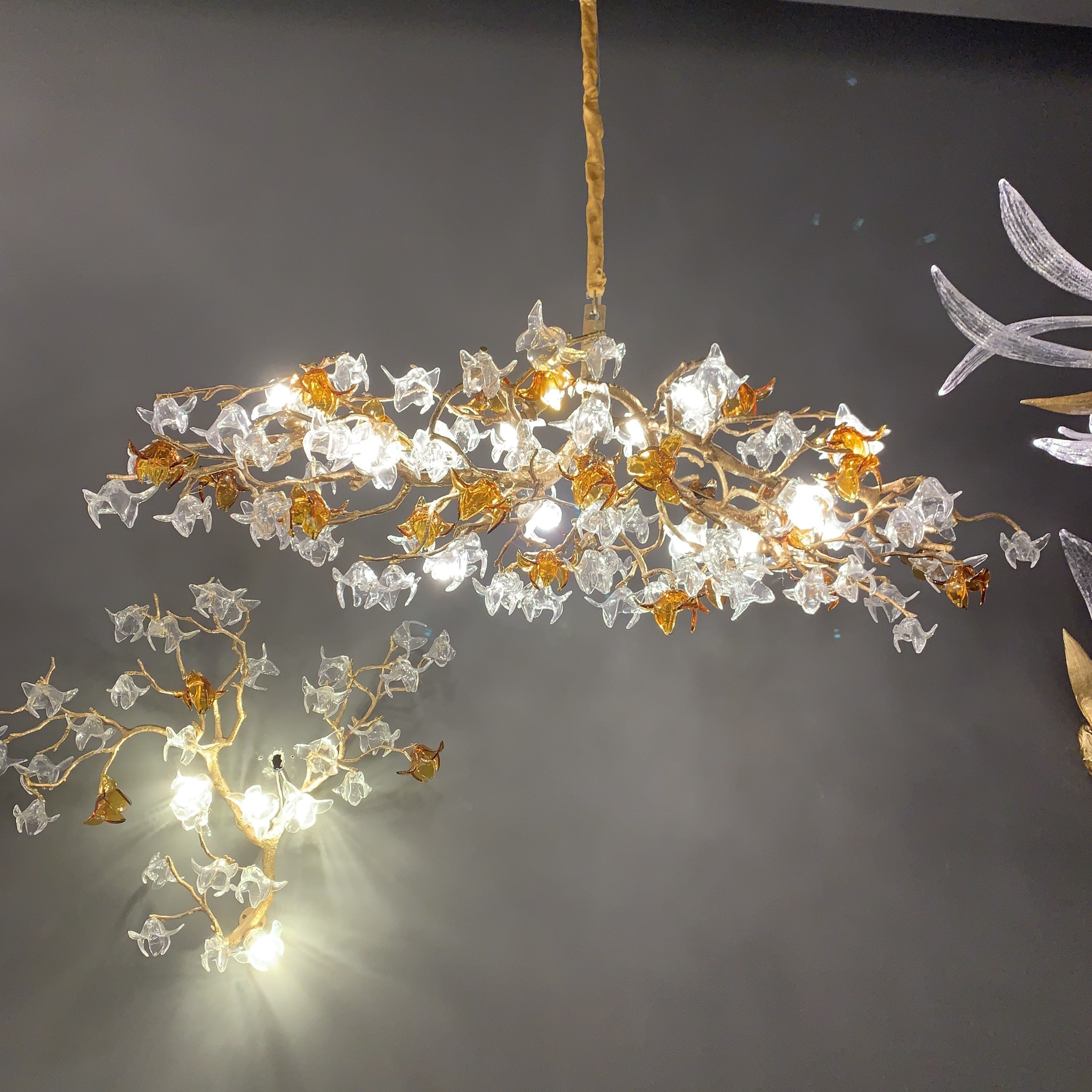 Designer Favorite Brass Branch Chandelier with Artistic Flower Glass for Dining Room Living Room and Kitchen Island - Linear/12 Lights/L39.4"*W15.75"*H15.75"Warm LightJoyfuzzy