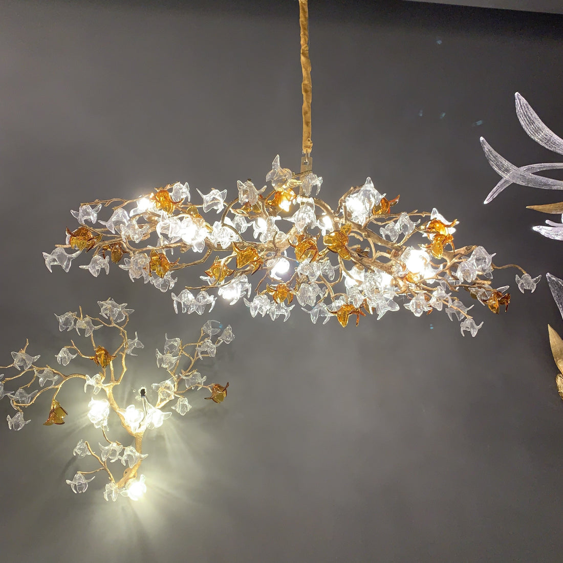 Designer Favorite Brass Branch Chandelier with Artistic Flower Glass for Dining Room Living Room and Kitchen Island - Linear/12 Lights/L39.4"*W15.75"*H15.75"Warm LightJoyfuzzy