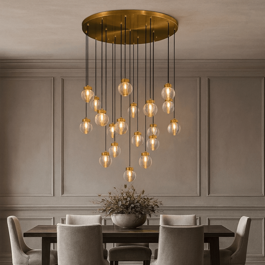 Bossen 19-globe chandelier illuminated over a dining table