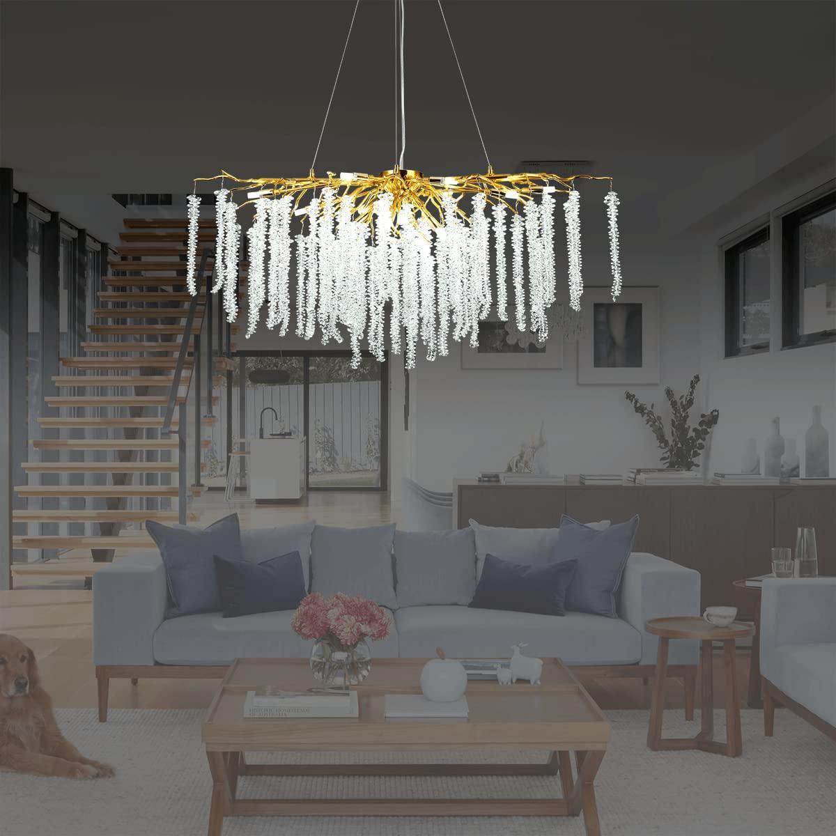 Doris White Crystal Rectangle Branch Chandelier Gold 45"L - Joyfuzzy