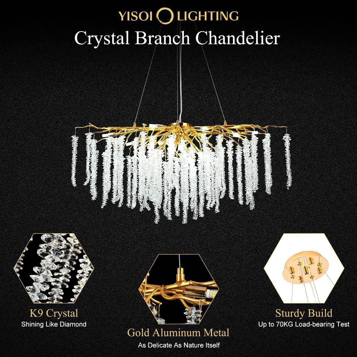 Doris White Crystal Rectangle Branch Chandelier Gold 45"L - Joyfuzzy