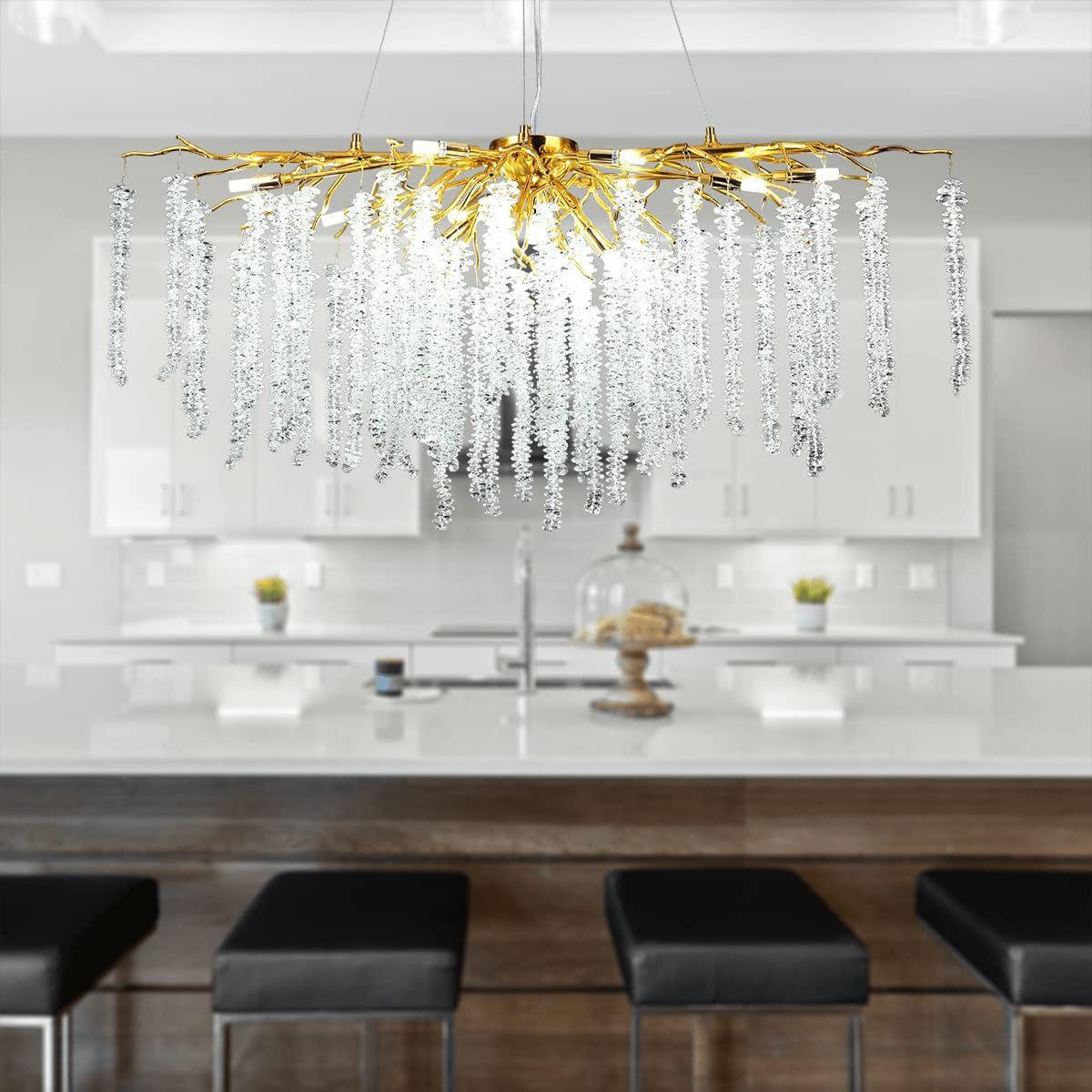 Doris White Crystal Rectangle Branch Chandelier Gold 45"L - Joyfuzzy