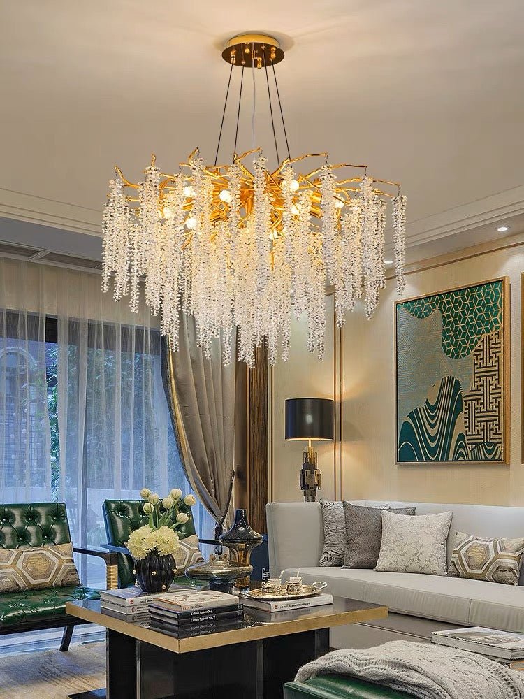 Elegant Crystal Icicle Chandelier in Branch Style for Dining Table Use - Round D23.6"/8 LightsGoldWarm LightJoyfuzzy