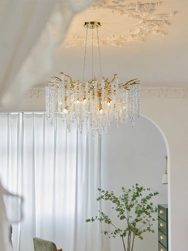 Elegant Crystal Icicle Chandelier in Branch Style for Dining Table Use - Round D23.6"/8 LightsGoldWarm LightJoyfuzzy
