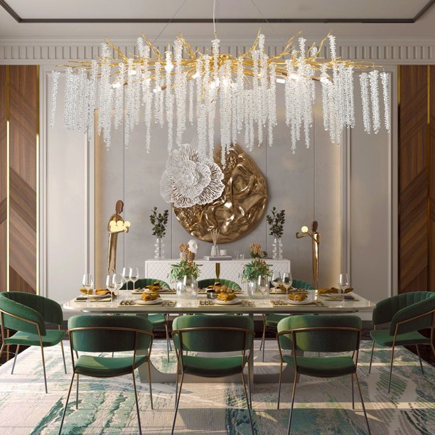 Elegant Crystal Icicle Chandelier in Branch Style for Dining Table Use - Rectangle L55.1"*W19.7"*H15.7"/14 Lights/33.7kgGoldWarm LightJoyfuzzy