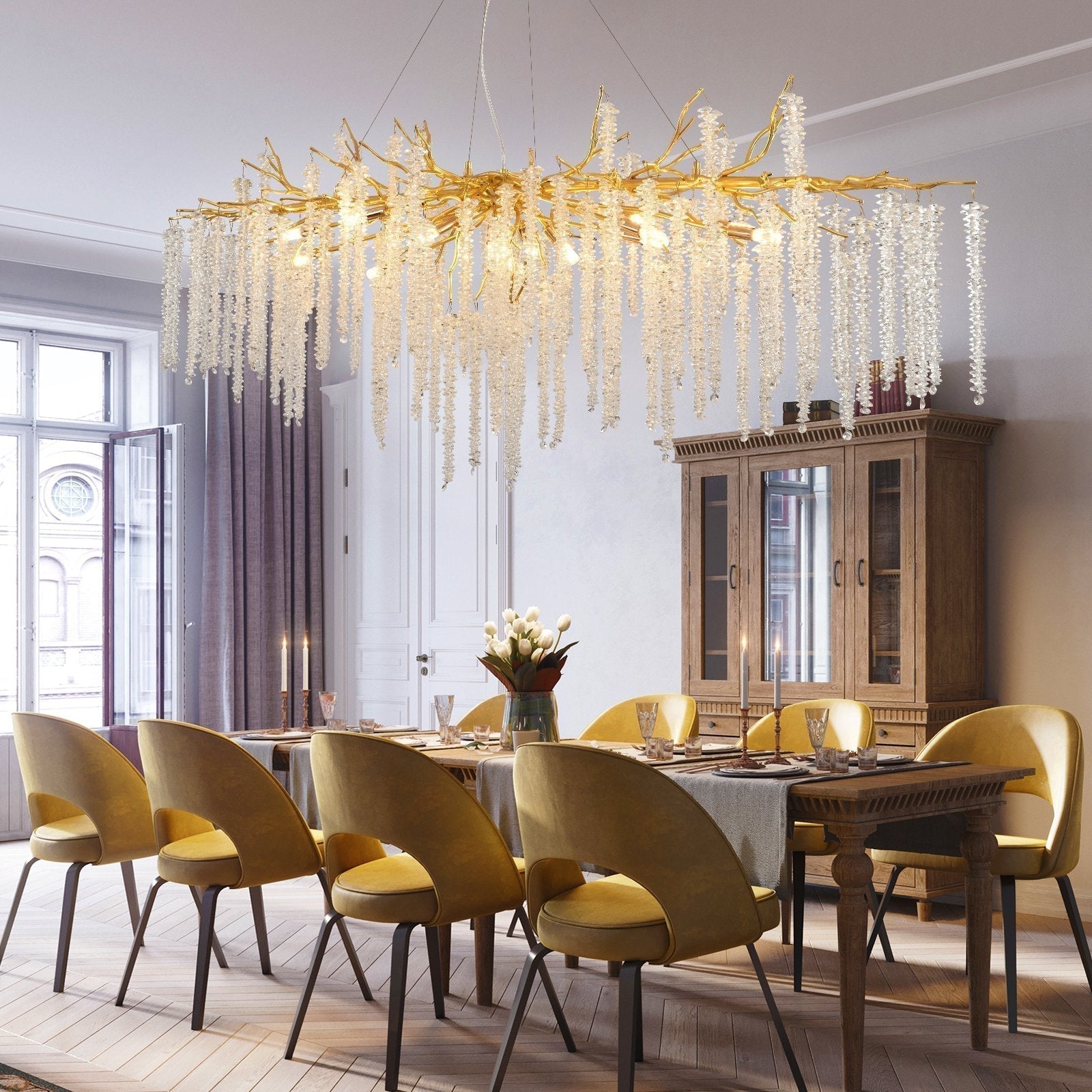 Elegant Crystal Icicle Chandelier in Branch Style for Dining Table Use - Rectangle L55.1"*W19.7"*H15.7"/14 Lights/33.7kgGoldWarm LightJoyfuzzy