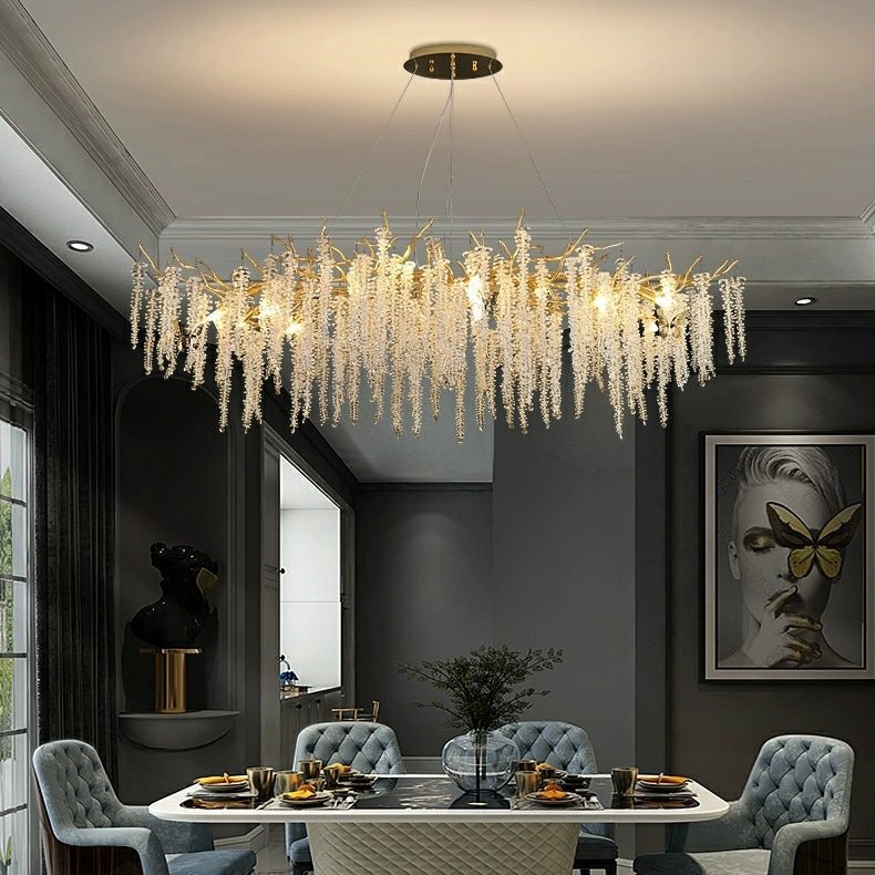 Elegant Crystal Icicle Chandelier in Branch Style for Dining Table Use - Rectangle L63"*W23.6"*H15.7"/16 LightsGoldWarm LightJoyfuzzy