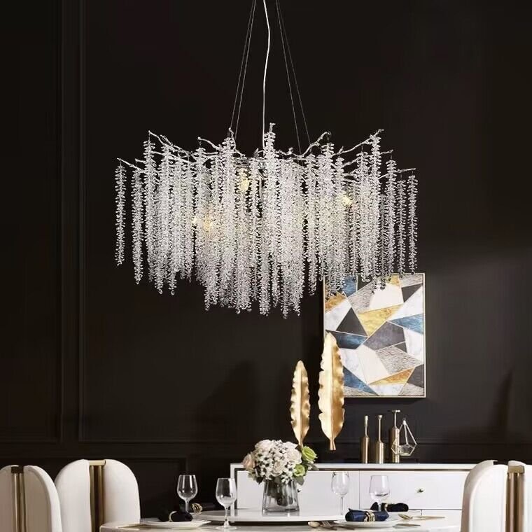 Elegant Crystal Icicle Chandelier in Branch Style for Dining Table Use - Round D23.6"/8 LightsChromeWarm LightJoyfuzzy